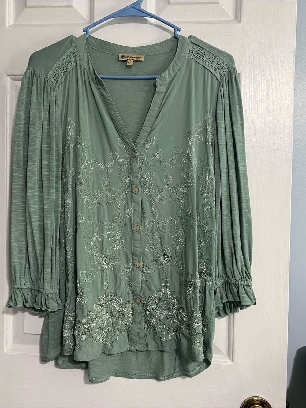 Democracy Sage Green Embroidered Button-Down Top